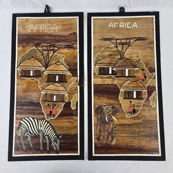 African Banana Leaf Plant Fiber Folk Art Wall Hangings Elephant Zebra Set of 2 - Picture 1 of 13